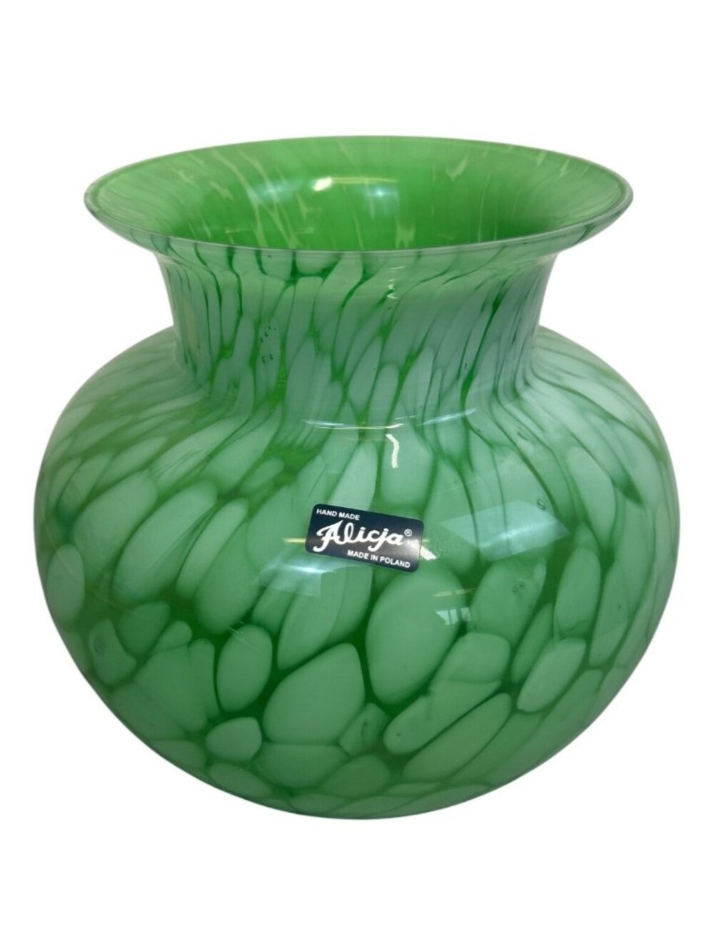 Alicja Hand Blown Art Glass Vase Green White Marbled Pebble Pattern Made in Pola